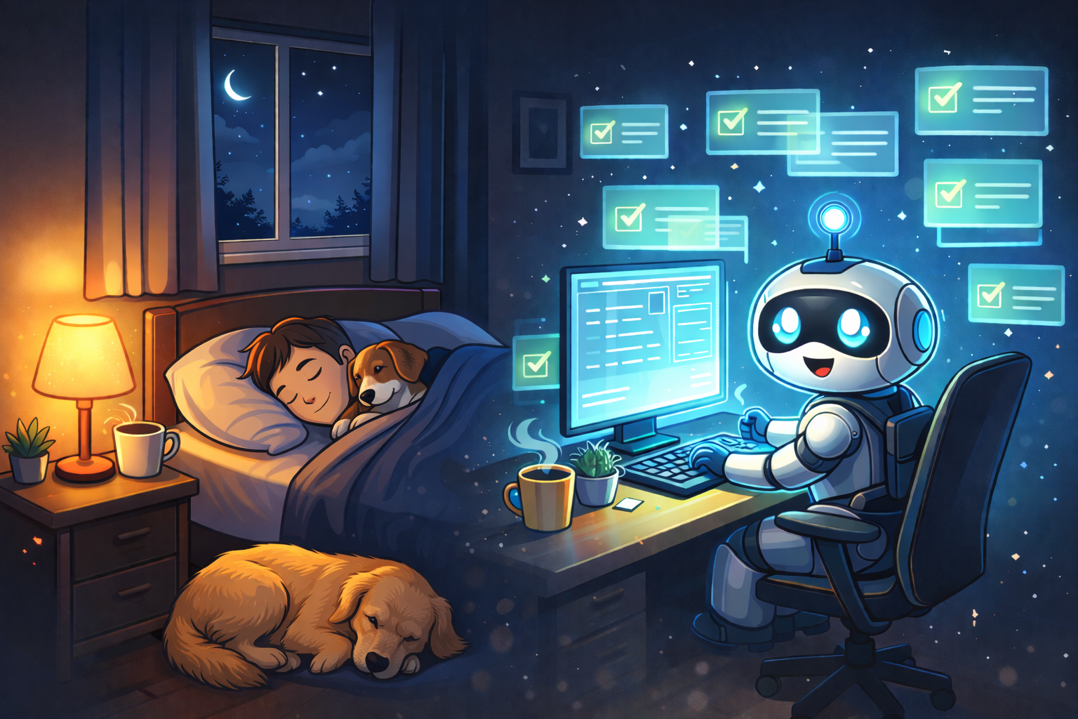 Split scene showing person sleeping peacefully with dogs while AI robot works at computer completing tasks overnight