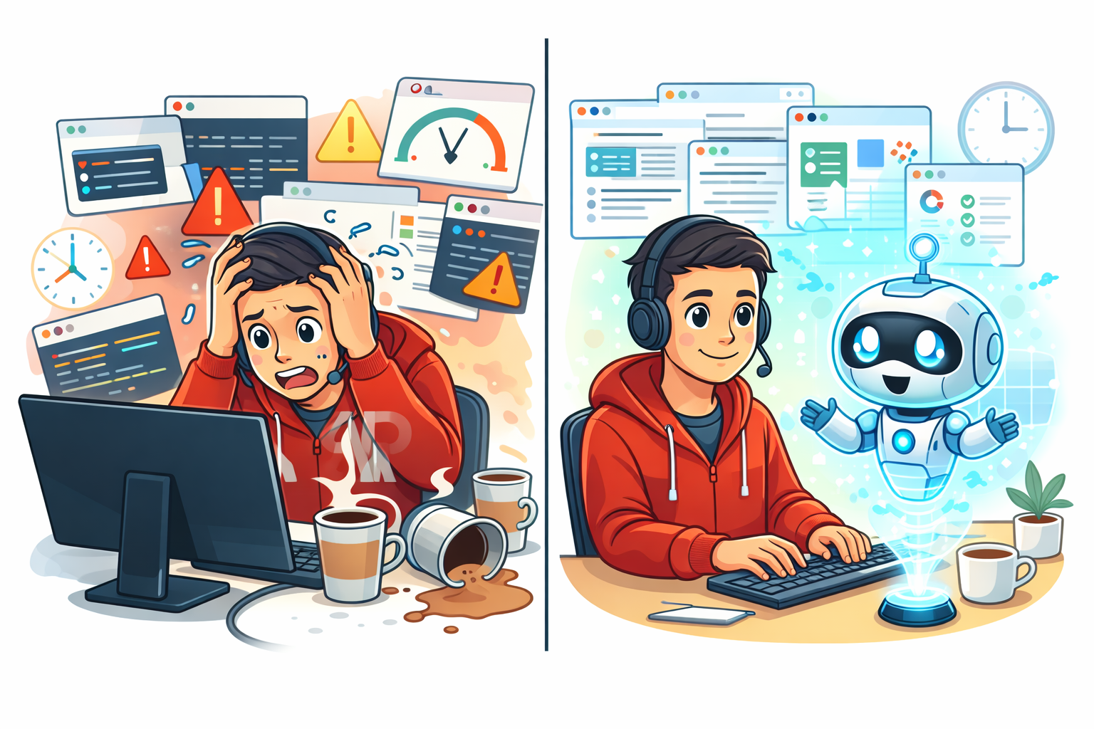 Before and after comparison of developer workflow: stressed and chaotic without AI versus calm and organized with AI assistant