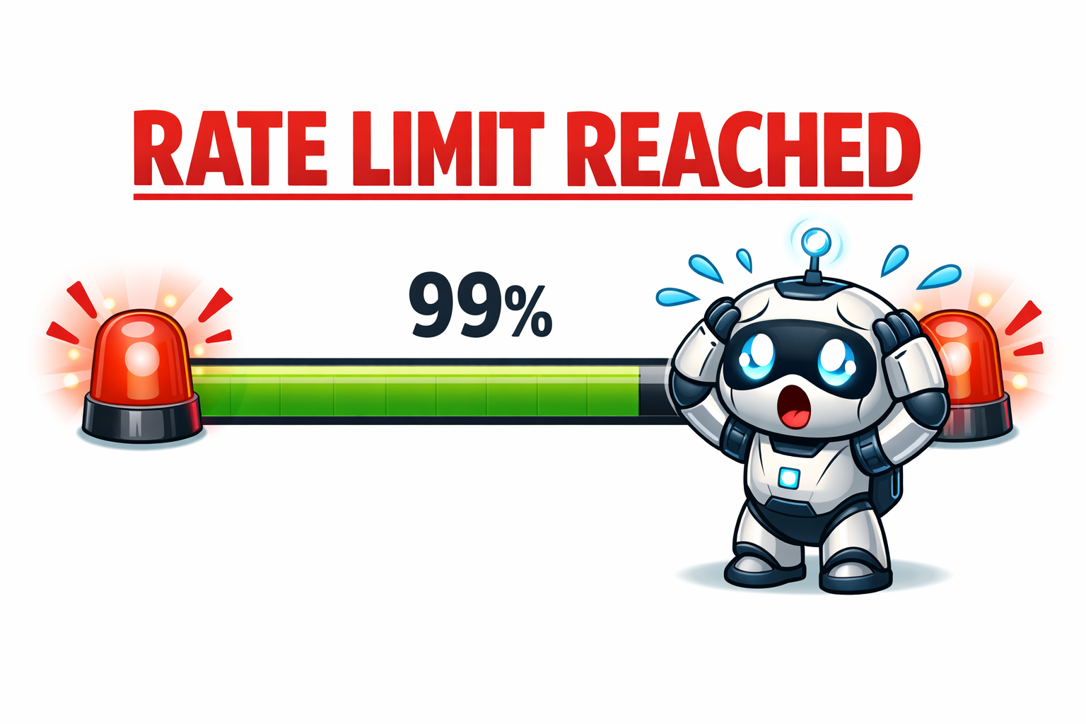 Rate limit reached warning with a stressed robot mascot showing 99% progress bar