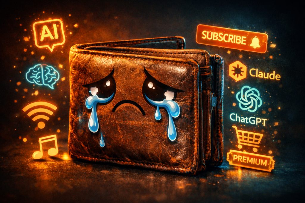 Sad leather wallet with tears surrounded by glowing AI and subscription service icons representing the cost of upgrading to Claude Max