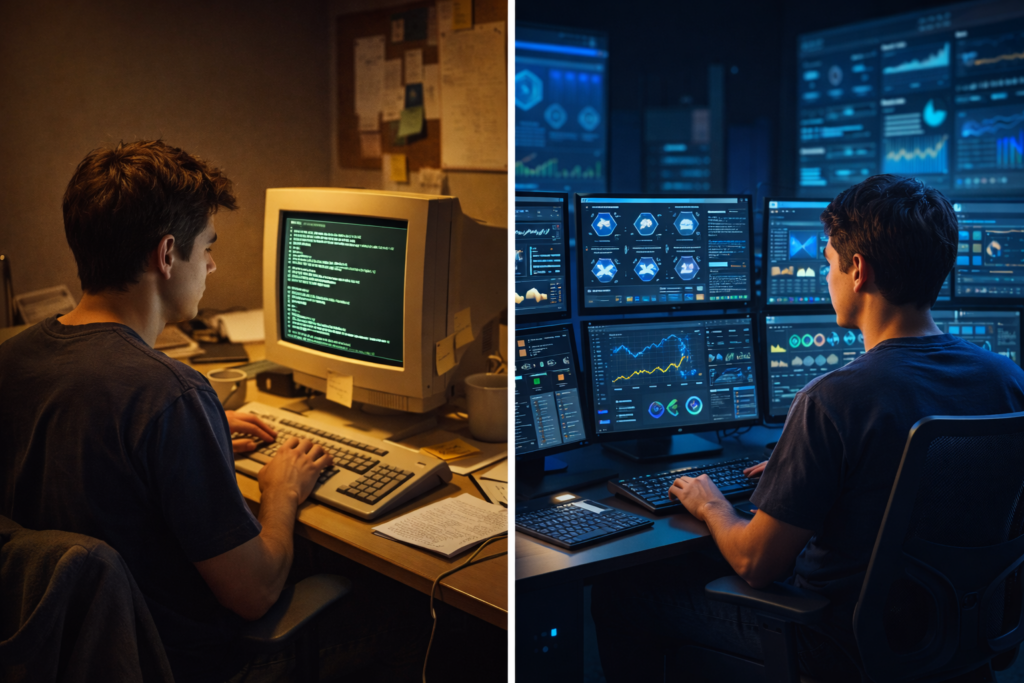 Split image showing tech evolution: cluttered 2006 developer desk with CRT monitor on left, modern 2026 SRE command center with multiple displays on right